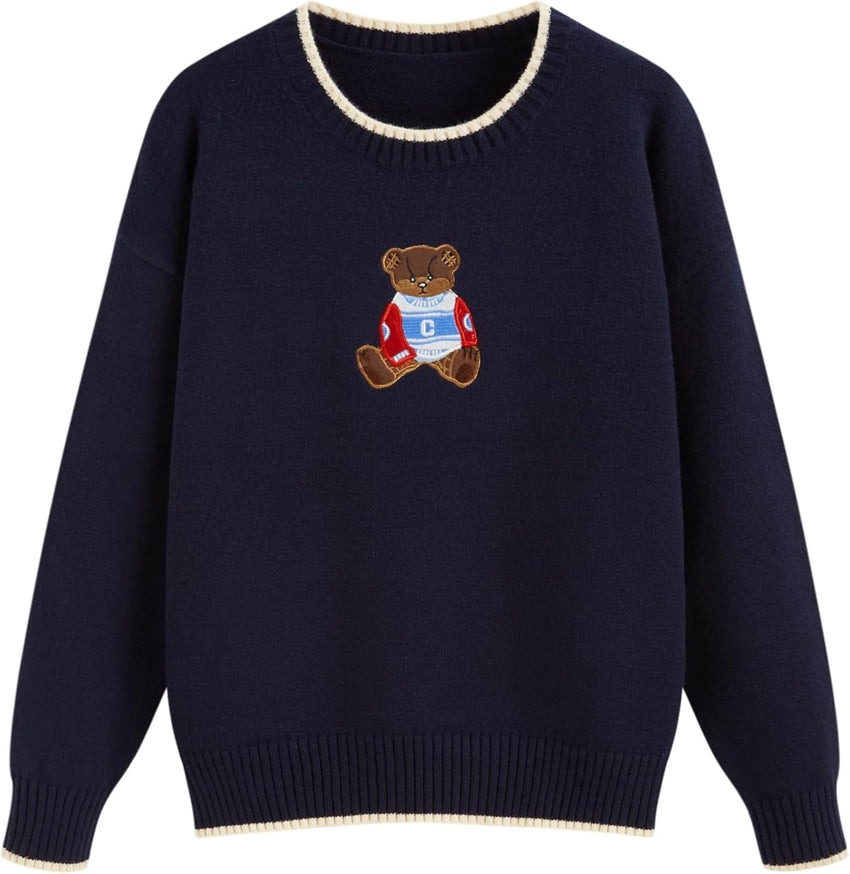 CIDER Women's Fall Sweaters Long Sleeve Cute Sweaters Bear Graphic Crewneck Soft Knit Casual Cropped Pullover