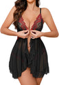Sexy Open Front V Neck Ruffle Sheer Mesh Lace Wireless Babydoll Lingerie Dress with Thong 2 Piece