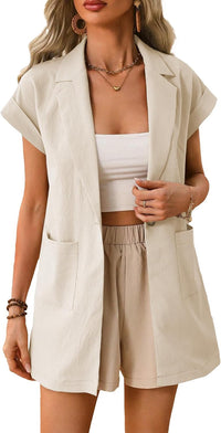 Mina Self 2024 Summer Short Sleeve Blazer Jacket for Women Lightweight Casual Fashion Long Work Office Suit Pockets