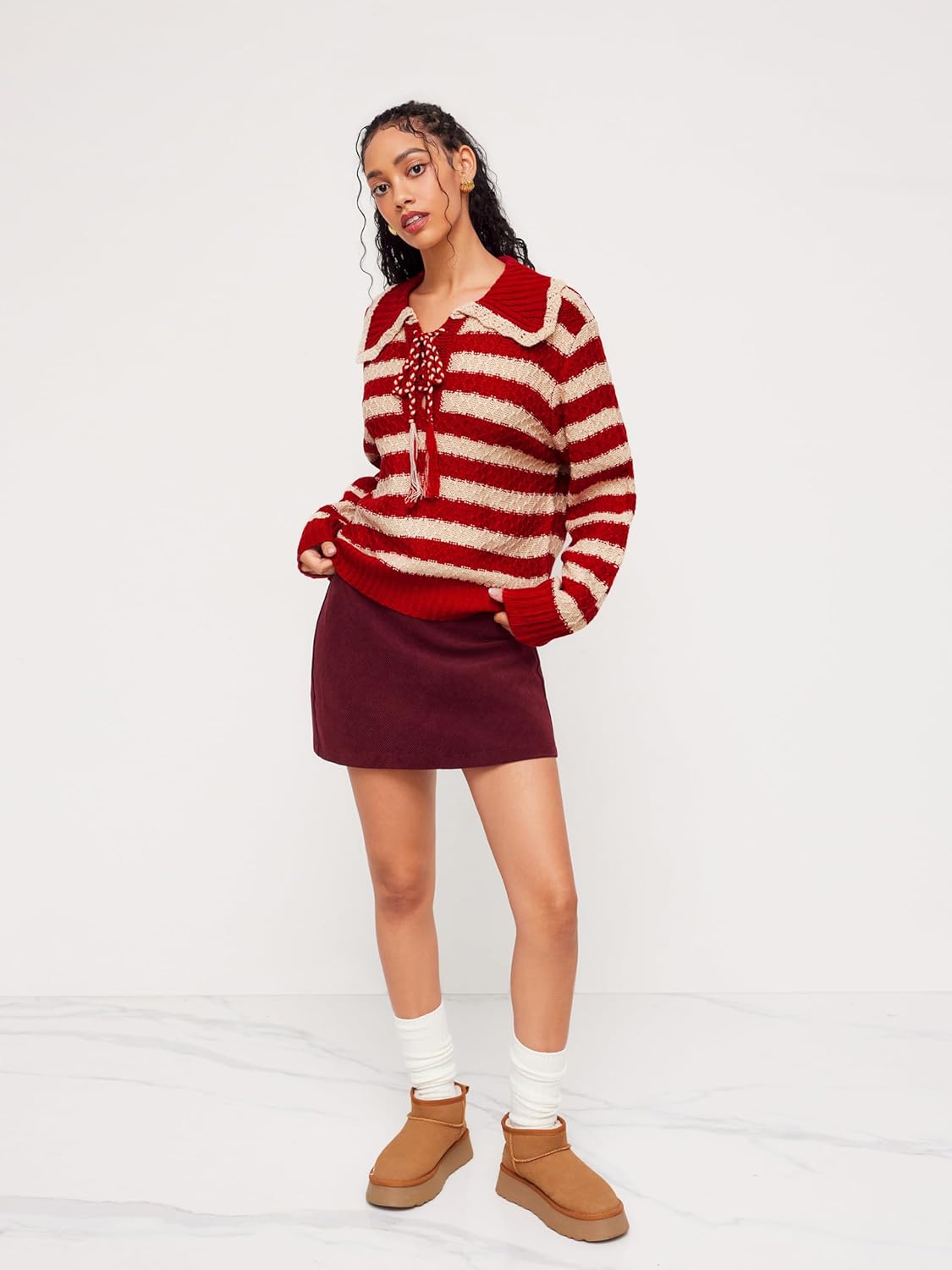 CIDER Striped Sweaters for Women Collar Knit Long Sleeve Knotted Loose Fit Pullover Winter Sweater Fall Tops