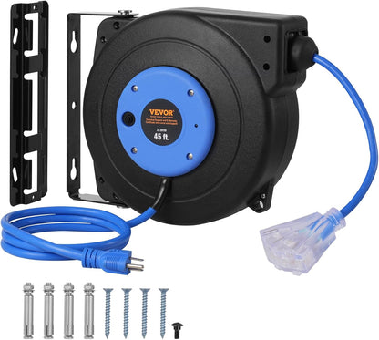 VEVOR Retractable Extension Cord Reel, 45 FT, Heavy Duty 12AWG/3C SJTOW Power Cord, with Lighted Triple Tap Outlet, 15 Amp Circuit Breaker, 180° Swivel Bracket for Ceiling or Wall Mount