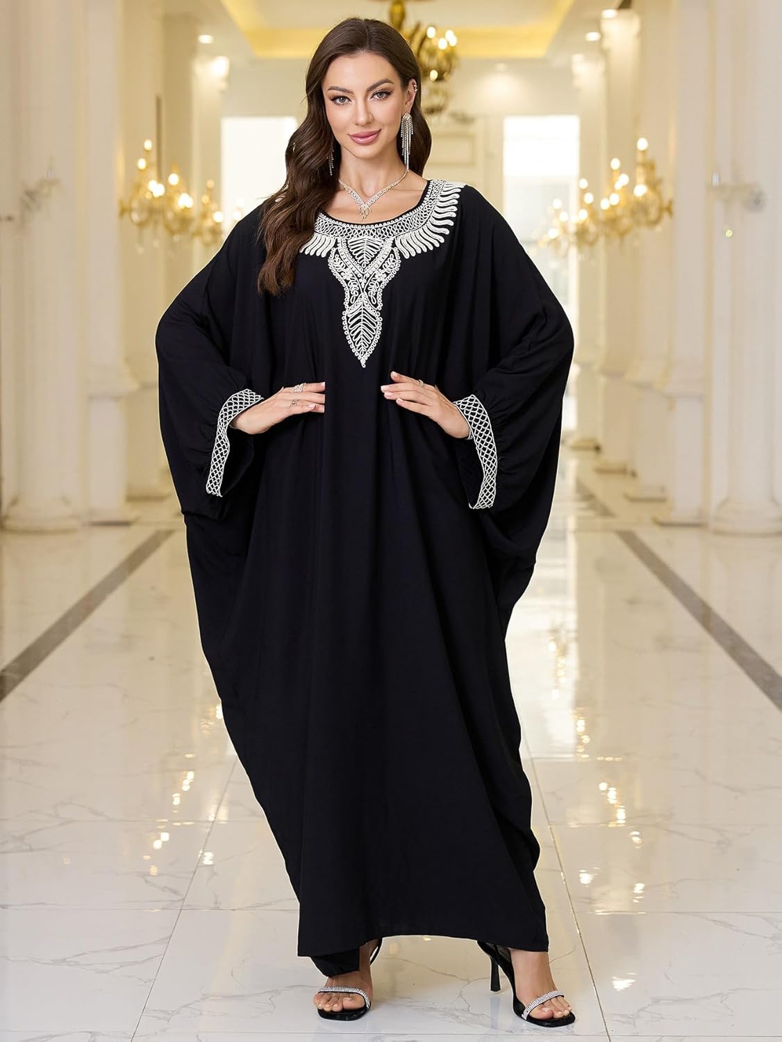 RanRui Women's Embroidered Kaftan Dresses Beach Blouse Cotton Gold Embroidery Holiday Robe Plus Size Caftans Kaftan Dress