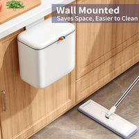 Kitchen Compost Bin with Lid - Hanging Small Trash Can for Countertop or Under Sink, 2.6 Gallon Wall Mounted Garbage Can for Cabinet Door, Indoor Food Waste Bin for Bathroom, RV, Office, White