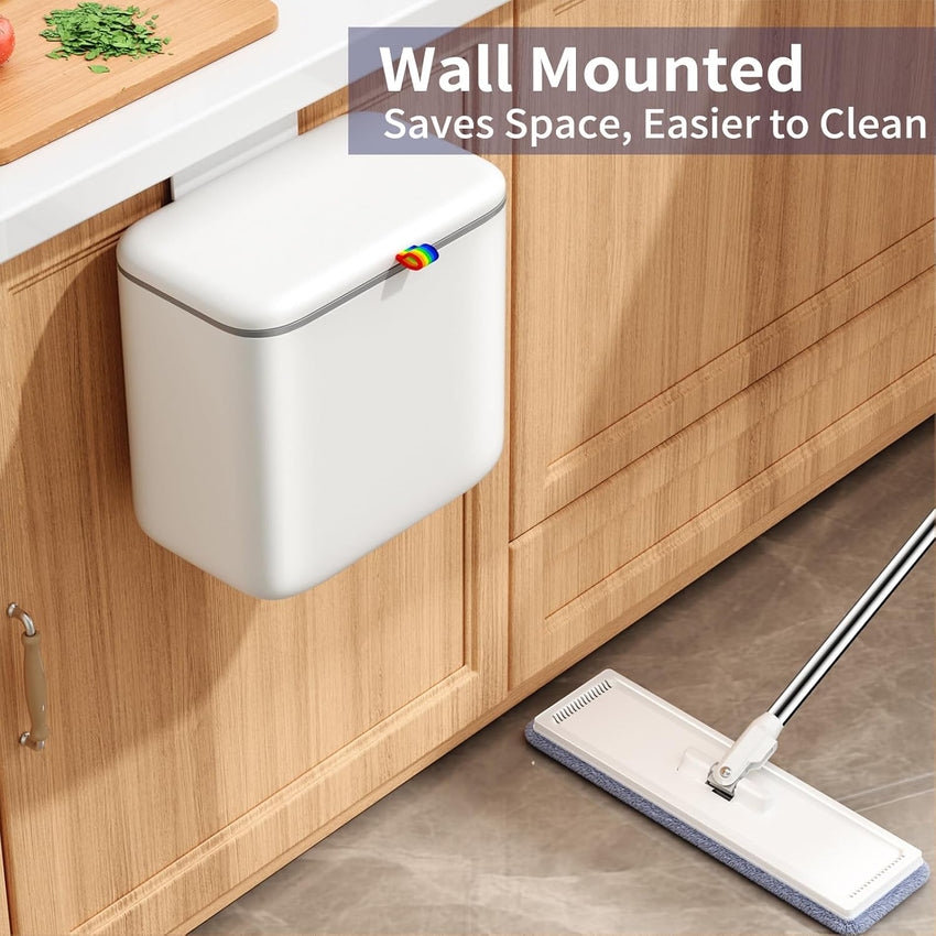 Kitchen Compost Bin with Lid - Hanging Small Trash Can for Countertop or Under Sink, 2.6 Gallon Wall Mounted Garbage Can for Cabinet Door, Indoor Food Waste Bin for Bathroom, RV, Office, White