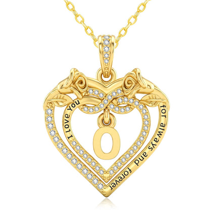 Uncle LOL Jewelry — 14K Gold Initial Letter Rose Heart Pendant Necklace for Women, Anniversary Birthday Jewelry Gifts for Wife Mom Grandma Sister Daughter, I Love You for Always And Forever
