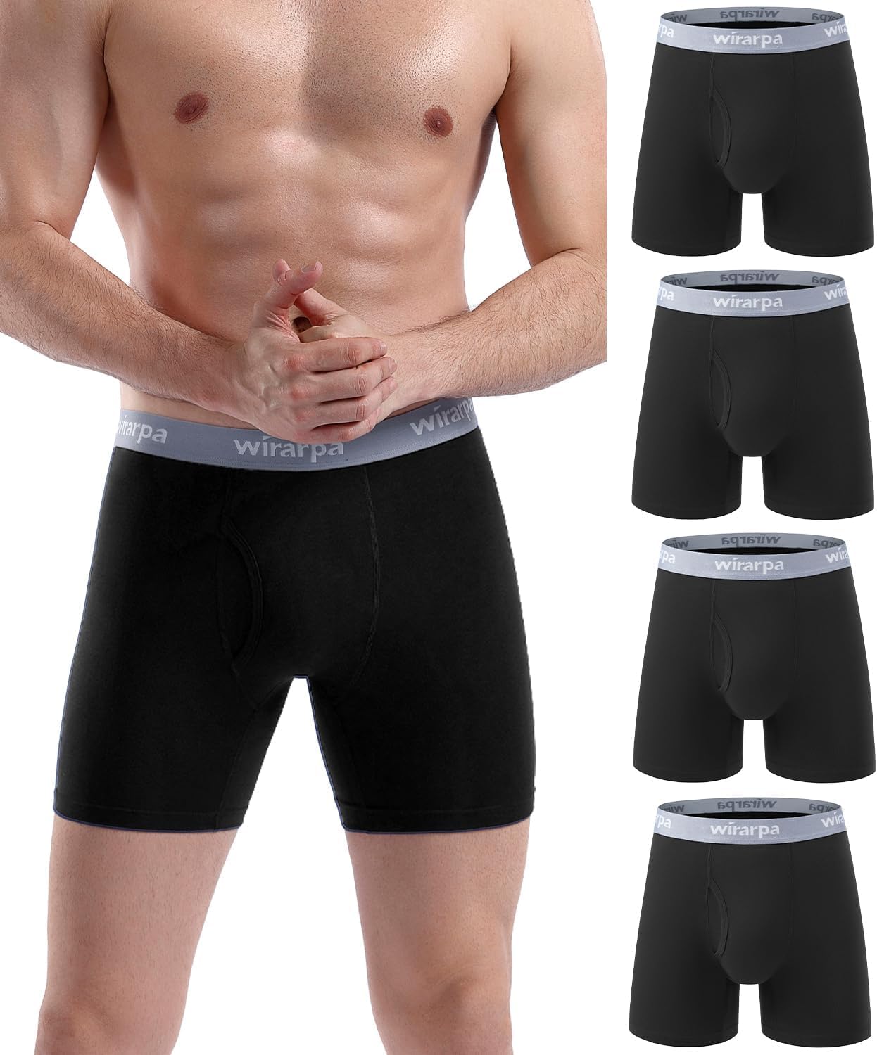 wirarpa Men's Boxer Briefs Cotton Stretch Underwear Open Fly Tagless Underpants Regular Leg 4 PackPack
