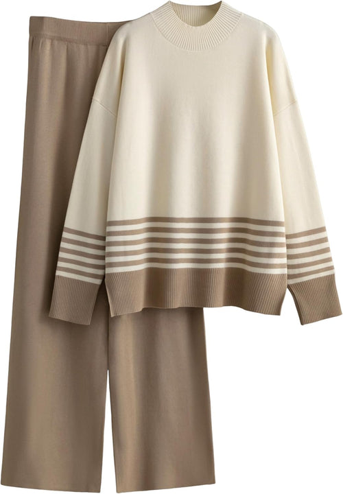 Women's 2 Piece Outfits Sweatsuit Knit Striped Pullover Top Wide Leg Pants Tracksuit Lounge Sets