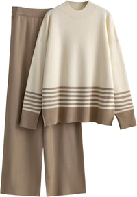 Women's 2 Piece Outfits Sweatsuit Knit Striped Pullover Top Wide Leg Pants Tracksuit Lounge Sets