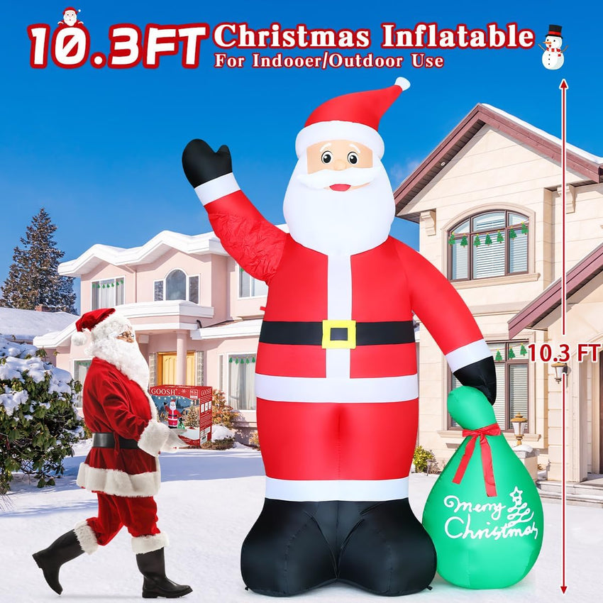 GOOSH 10.3 FT Waving Christmas Inflatable Santa Decorations, Outdoor Christmas Santa Claus with Gift Bag&Animated Hand Blow Up Yard Decor with Built-in LEDs for Xmas Holiday Party Garden Lawn