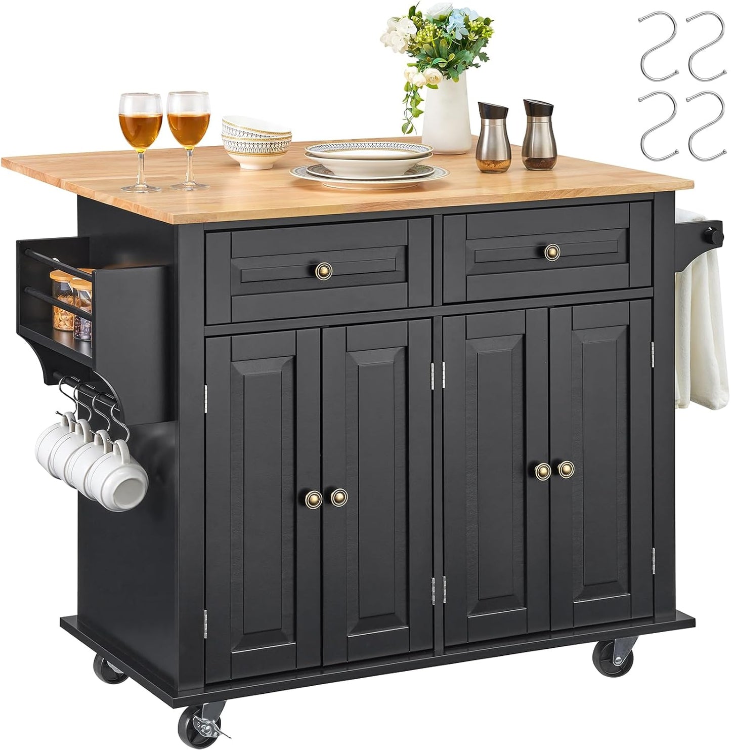 VEVOR Kitchen Island Cart with Solid Wood Top, 35.4" Width Mobile Carts with Storage Cabinet, Rolling Kitchen Table with Spice Rack, Towel Rack, and Drawer, Portable Islands on Wheels, White