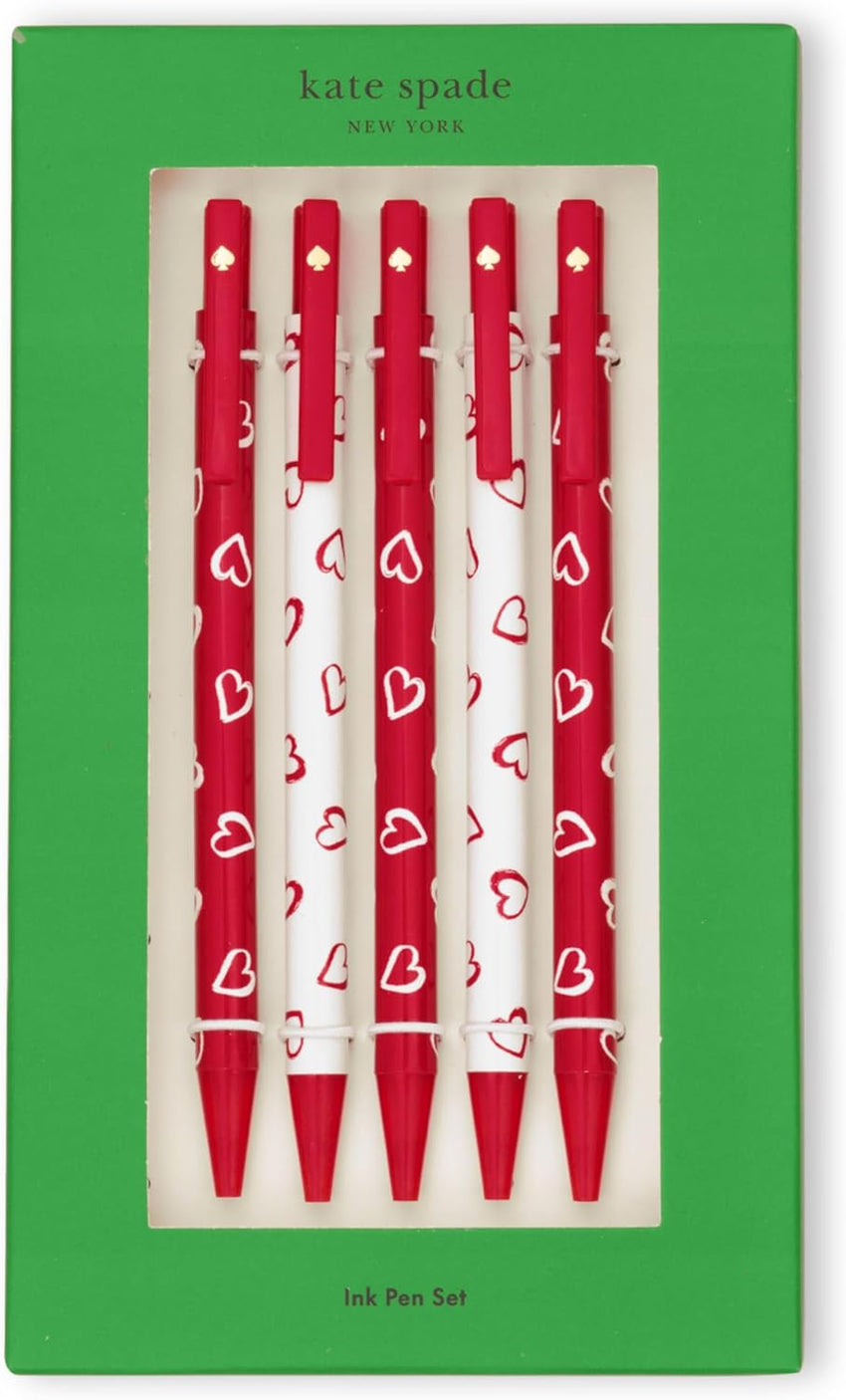 Kate Spade New York Black Ink Pen Set of 5, Cute Plastic Click Pens, Dots and Stripes