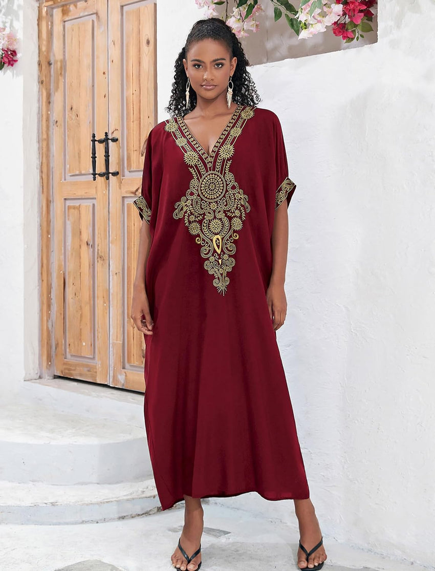 EDOLYNSA Moroccan Kaftan Dresses for Women Plus Size Caftans Loungewear Embroidered Beach Kaftan Cover up moomoo House Dress
