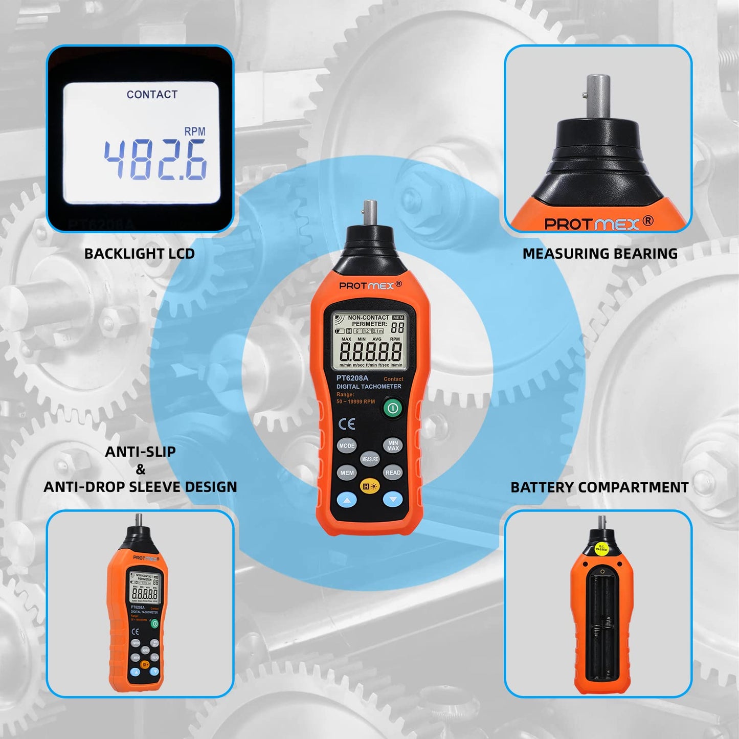 Digital Tachometer, 50-19999 RPM Contact Tachometer, 100 Groups Data Store Handheld Speed Meter with Backlight, Max/Min/AVG RPM Rotation Speed Gauge, PT6208A (Batteries Included)