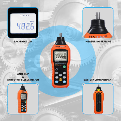 Digital Tachometer, 50-19999 RPM Contact Tachometer, 100 Groups Data Store Handheld Speed Meter with Backlight, Max/Min/AVG RPM Rotation Speed Gauge, PT6208A (Batteries Included)