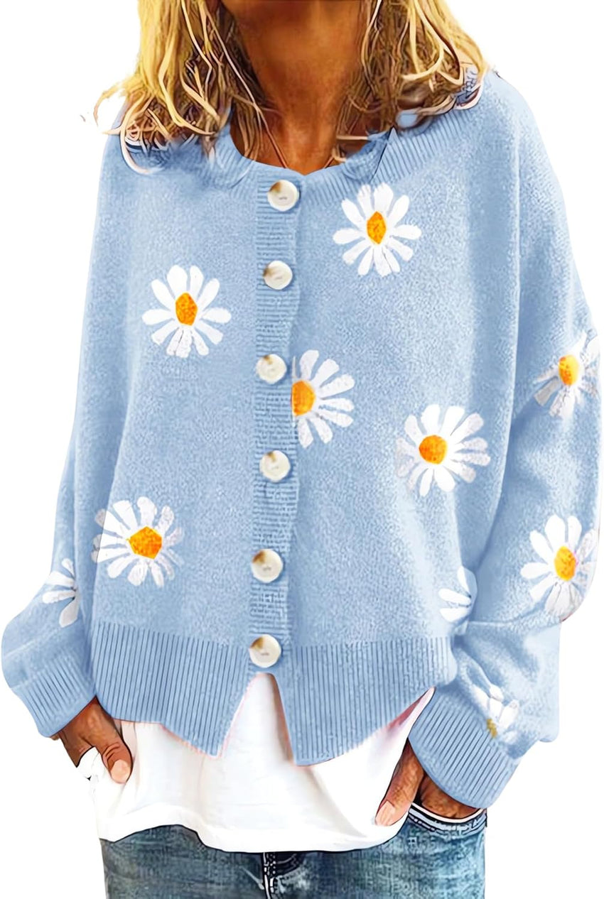 ZOCAVIA Women's Floral Knit Sweaters Cardigan Fall Winter Button Down Open Front Casual Flower Embroidered Cropped Sweaters