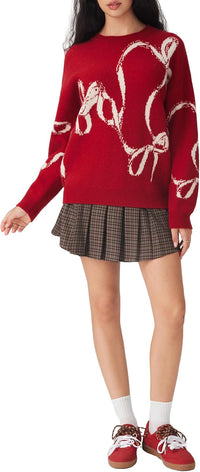 CIDER Womens Sweater Bow Knot Cute Y2k Long Sleeve Crew Neck Pullover Tops