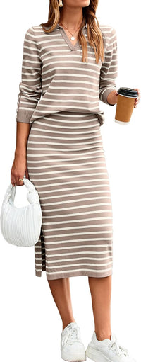 Glamaker Womens 2 Piece Skirt Sets Striped Sweater Dress Casual Polo Neck Knit Long Sleeve Midi Dresses Fall Fashion Outfits