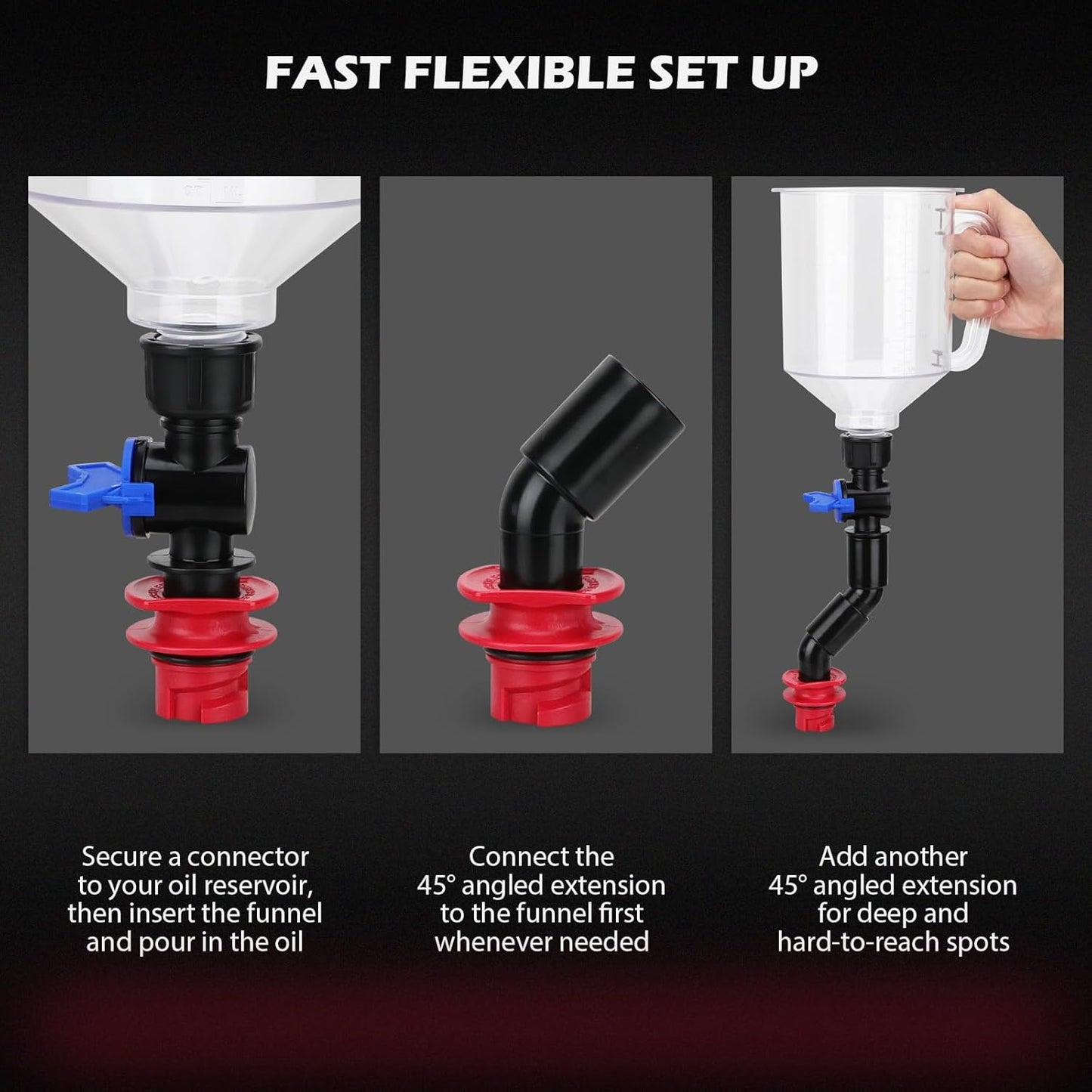 18-Piece Engine Oil Funnel Set, 1.59QT/1.5L Automotive Oil Funnel Kit with 12 Adapters, Elbow Fitting, Arrow Screen and Magnetic Storage Hooks Tray, Compatible with GM, Ford, BMW, Audi, Land Rover Etc