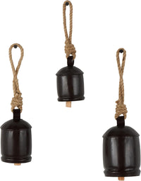 Deco 79 Gold Metal Tibetan Inspired Decorative Giant XL Cow Bells with Jute Hanging Rope, Set of 3 10",8",6"H - Cylindrical