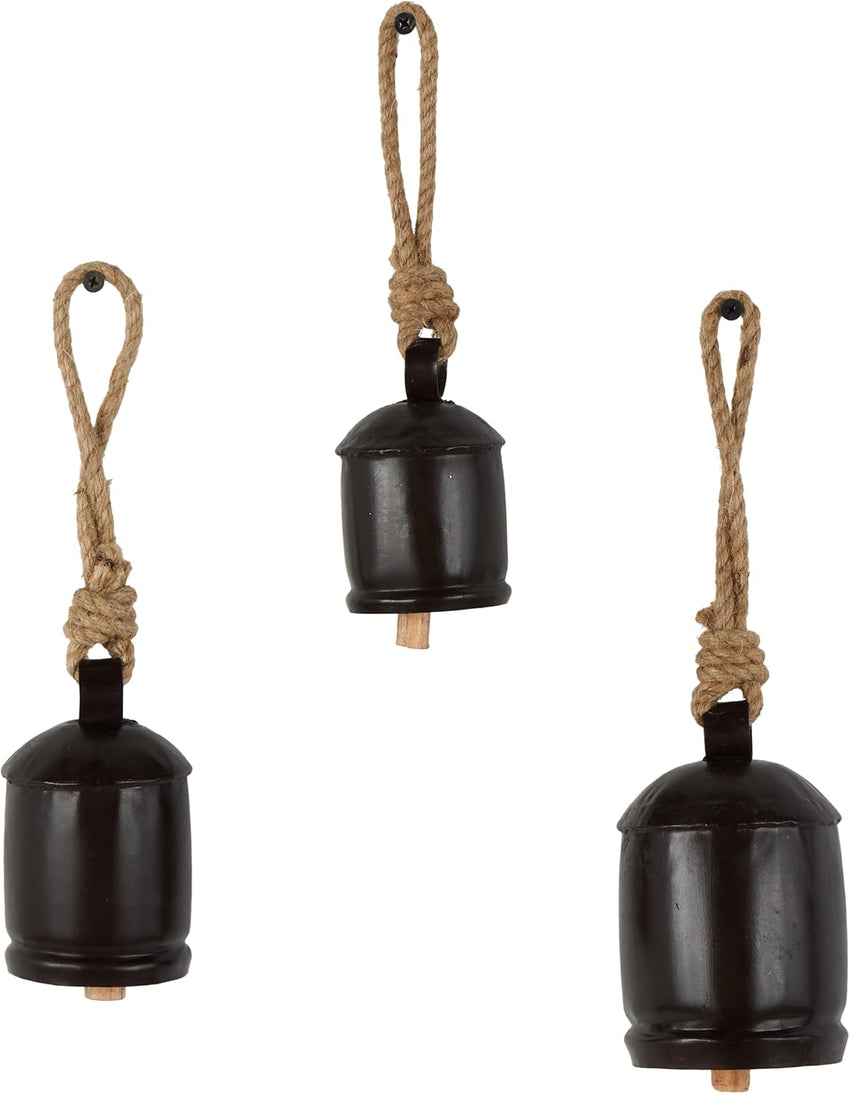 Deco 79 Gold Metal Tibetan Inspired Decorative Giant XL Cow Bells with Jute Hanging Rope, Set of 3 10",8",6"H - Cylindrical