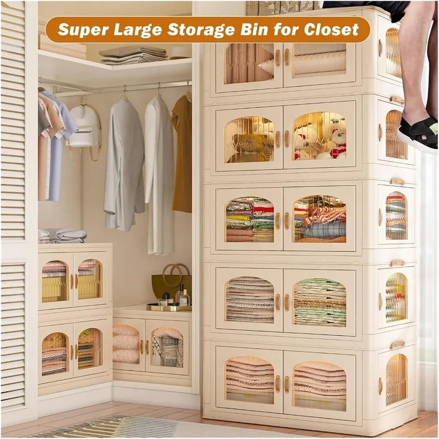 125GAL Storage Bins with Lids, Large Stackable Bins with Wheels and Doors, Storage Containers Box Closet Organizers(25Gal 5 tier)