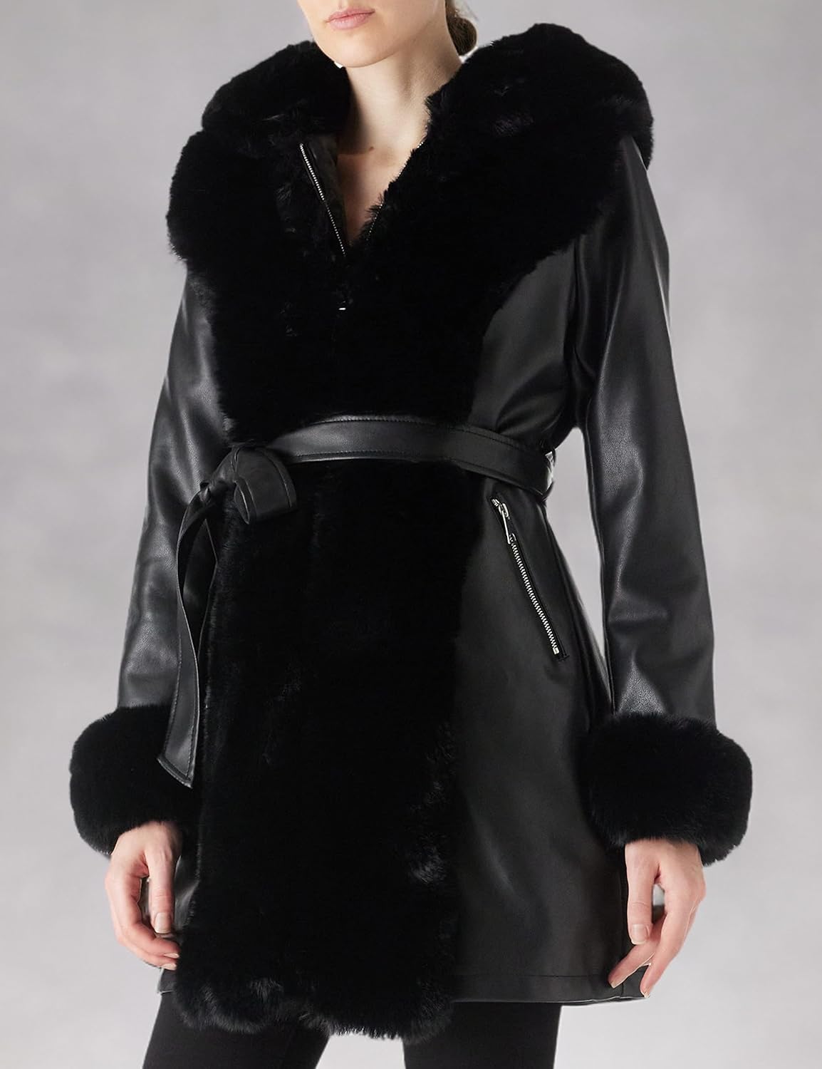 RISISSIDA Luxurious Women Winter Fur Lined Coat, Leather Jacket with Hooded Long Fur Collar, Thick Warm Heavy Overcoat Belted
