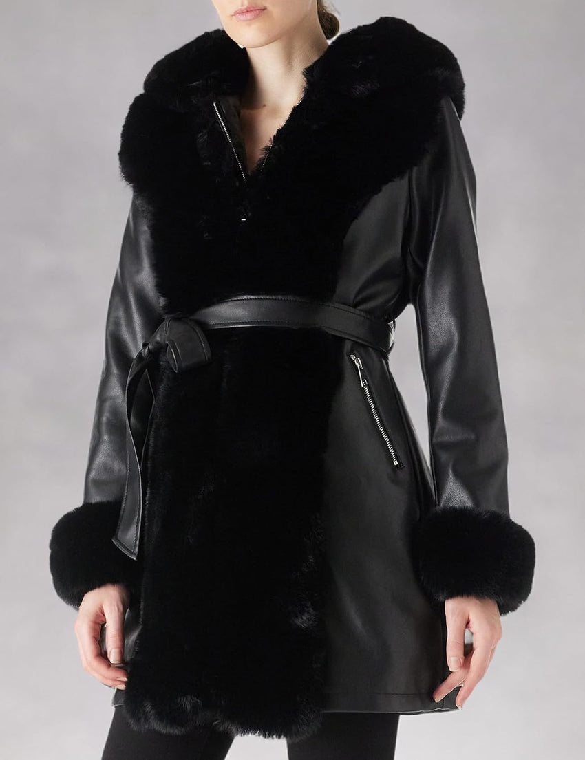 RISISSIDA Luxurious Women Winter Fur Lined Coat, Leather Jacket with Hooded Long Fur Collar, Thick Warm Heavy Overcoat Belted
