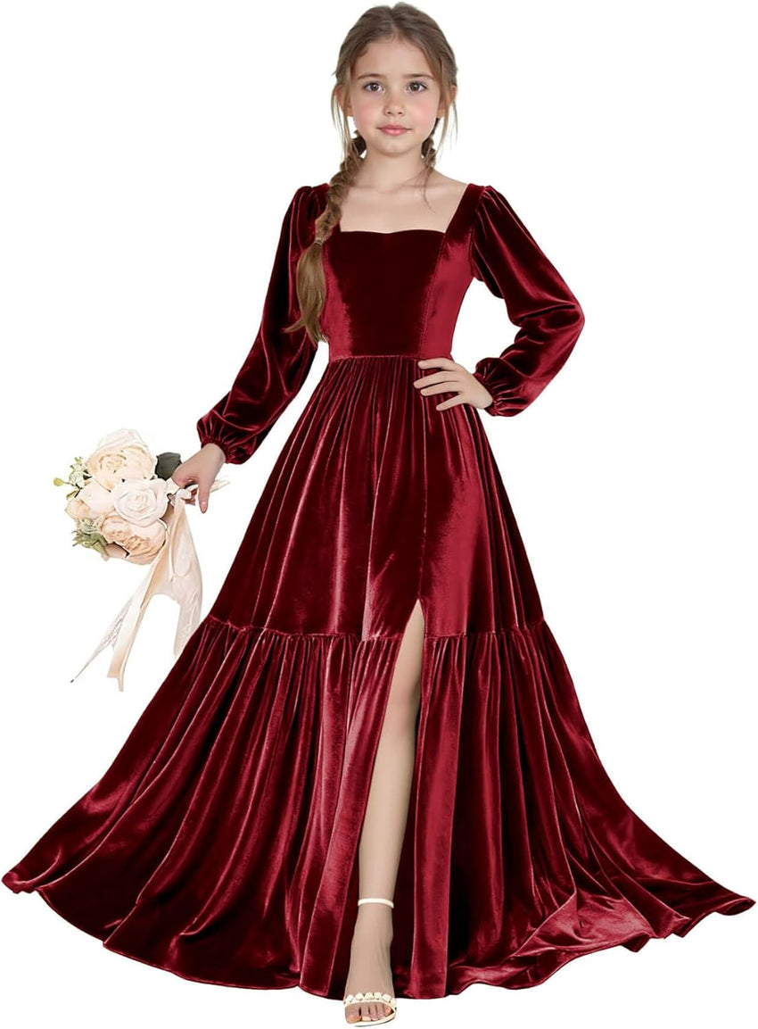 Long Sleeve Velvet Junior Bridesmaid Dresses Girls Holiday Dresses with Slit Christmas Maxi Dress Formal Party Gown