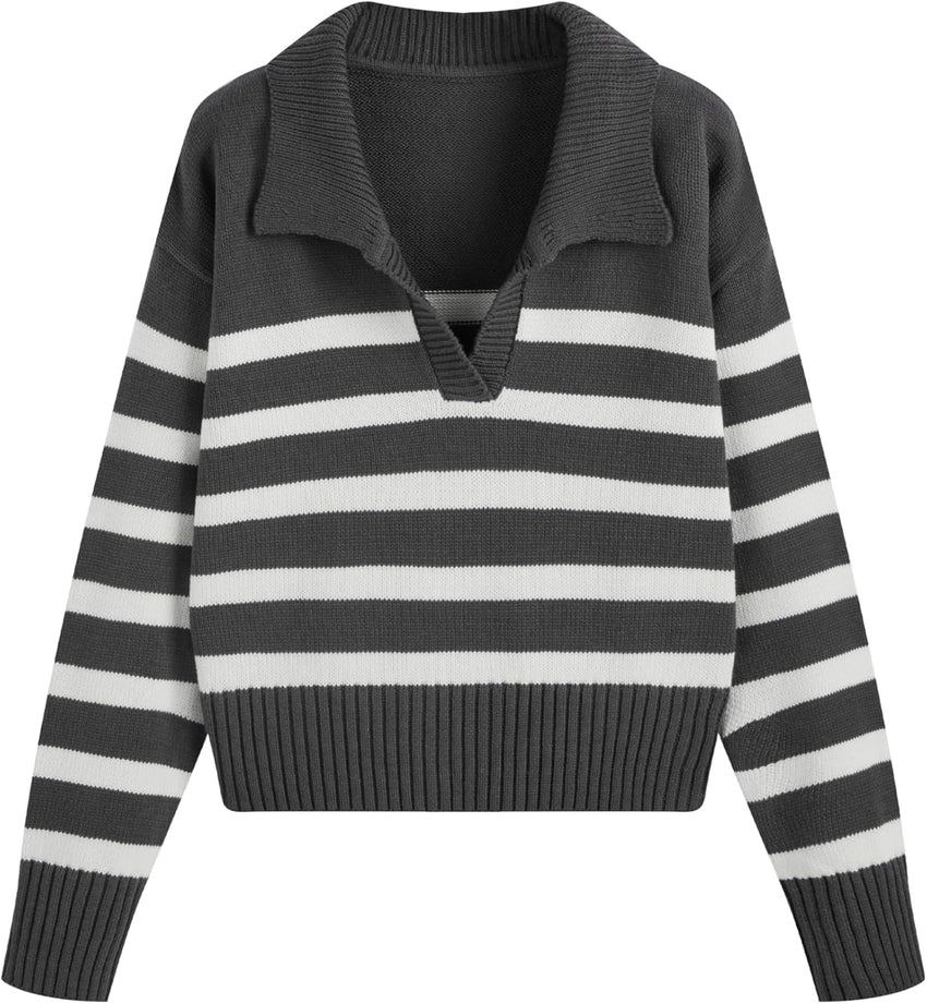 CIDER Women’s Polo Sweater Striped Collared Lightweight Long Sleeve V Neck Pullover Fall Sweater Tops 2025
