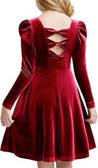 Arshiner Girls Long Sleeve Dress Velvet Crew Neck Bow Back Holiday Party Dresses with Pockets