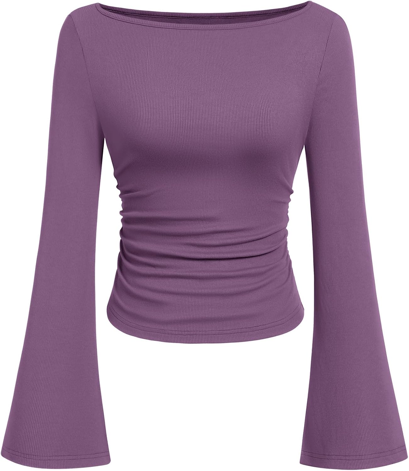 7DAY'S Women's Long Sleeve Shirts 2025 Fall Crop Going Out Tops Casual Boat Neck Bell Sleeve Ribbed Ruched Y2K Clothes