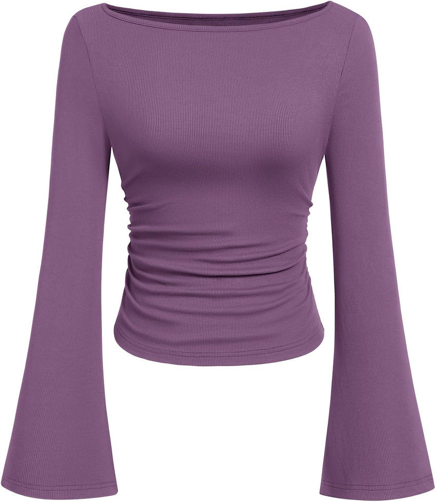 7DAY'S Women's Long Sleeve Shirts 2025 Fall Crop Going Out Tops Casual Boat Neck Bell Sleeve Ribbed Ruched Y2K Clothes