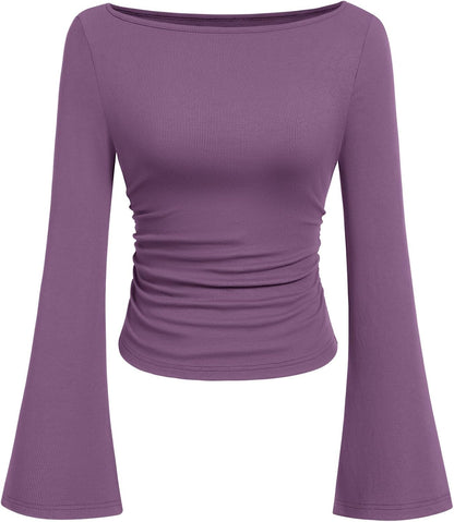 7DAY'S Women's Long Sleeve Shirts 2025 Fall Crop Going Out Tops Casual Boat Neck Bell Sleeve Ribbed Ruched Y2K Clothes