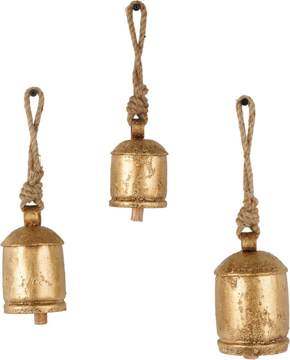 Deco 79 Gold Metal Tibetan Inspired Decorative Giant XL Cow Bells with Jute Hanging Rope, Set of 3 10",8",6"H - Cylindrical