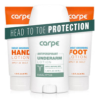 Carpe Sweat Absorbing Underarm, Hand & Foot Lotion Bundle, Head to Toe Sweat Protection for Hands, Feet, and Underarm, Dermatologist Recommended