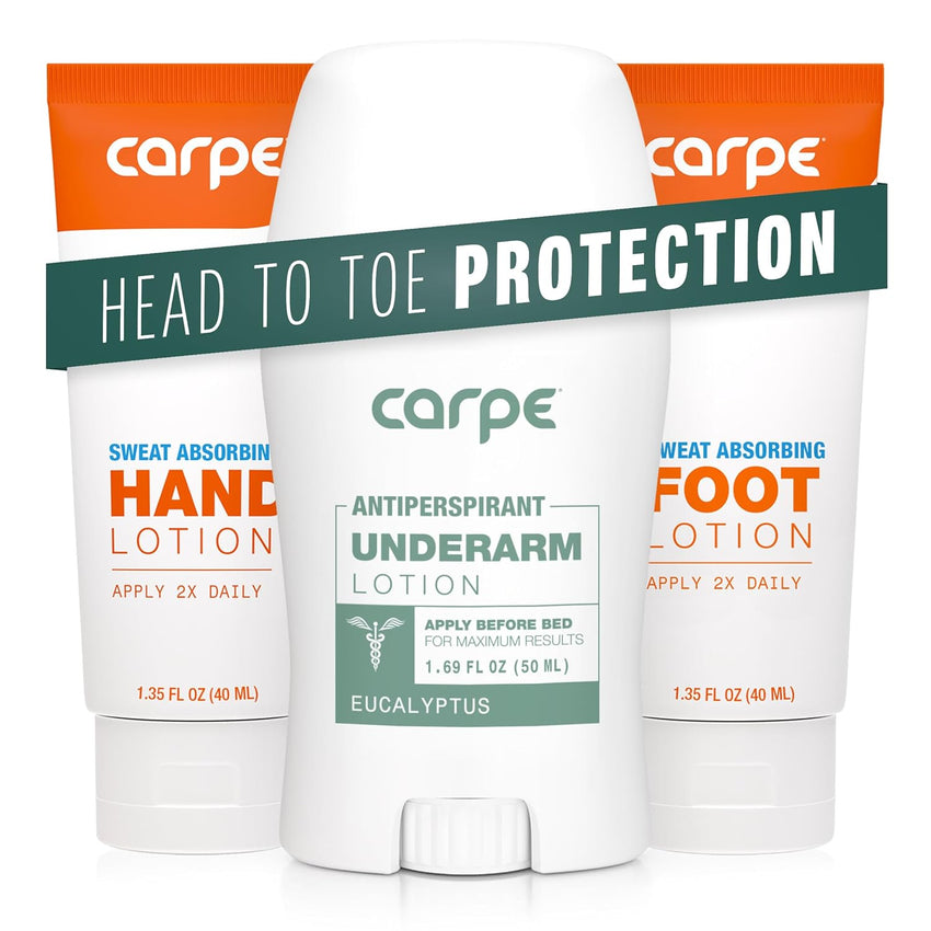 Carpe Sweat Absorbing Underarm, Hand & Foot Lotion Bundle, Head to Toe Sweat Protection for Hands, Feet, and Underarm, Dermatologist Recommended
