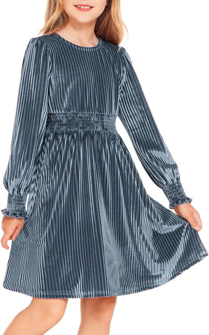 Arshiner Girls Long Sleeve Dress Velvet Crew Neck Midi Fall Vintage Plain Dress for Kids 4-13Y