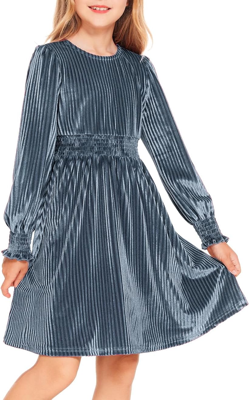 Arshiner Girls Long Sleeve Dress Velvet Crew Neck Midi Fall Vintage Plain Dress for Kids 4-13Y