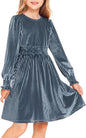 Arshiner Girls Long Sleeve Dress Velvet Crew Neck Midi Fall Vintage Plain Dress for Kids 4-13Y