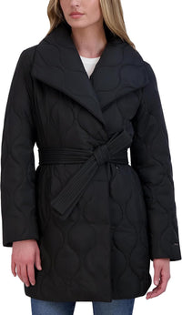 TAHARI womens Hourglass Quilted Wrap Coat