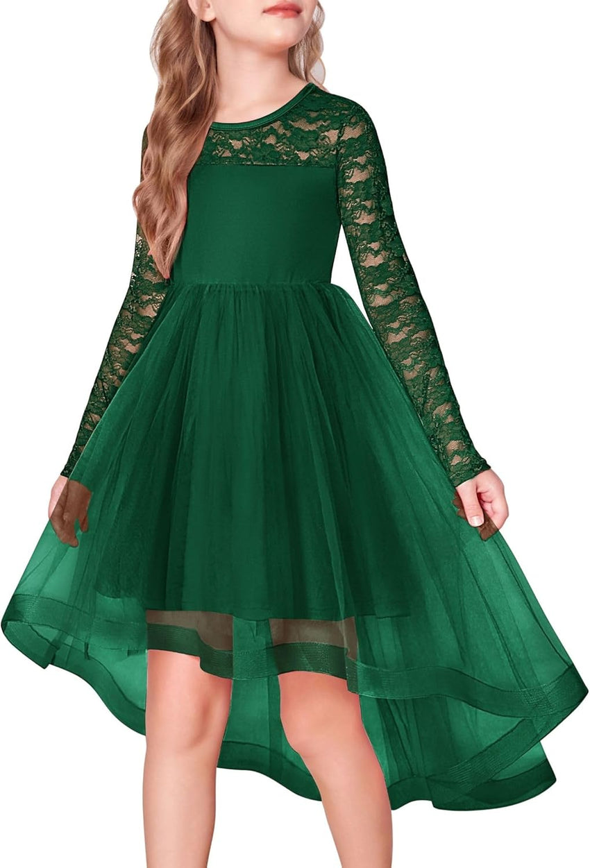 Arshiner Flower Girl Lace Tutu Dresses High Low Hem Long Sleeve Flowy Formal Party Wedding Dress