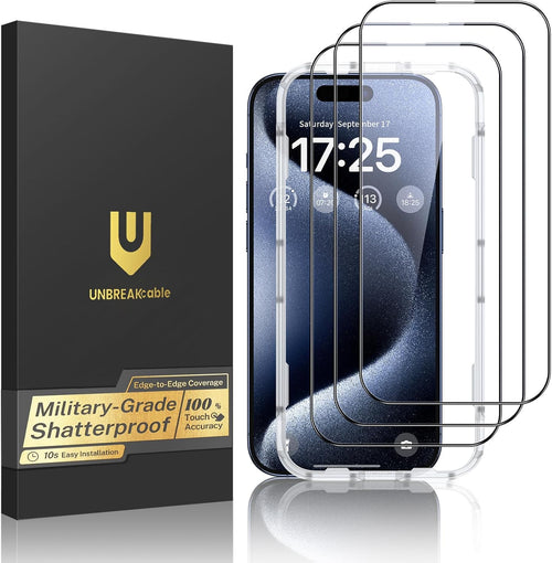 UNBREAKcable 3-Pack Screen Protector for iPhone 15 Pro Max, Double Shatterproof Tempered Glass [Easy Installation Frame] [HD Clear] [9H Hardness] [Full Coverage] for iPhone 6.7 inch