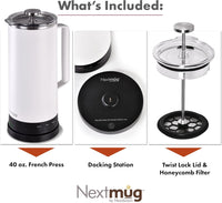 Nextmug Press - Temperature-Controlled, Self-Heating French Press (White - 40 oz.)