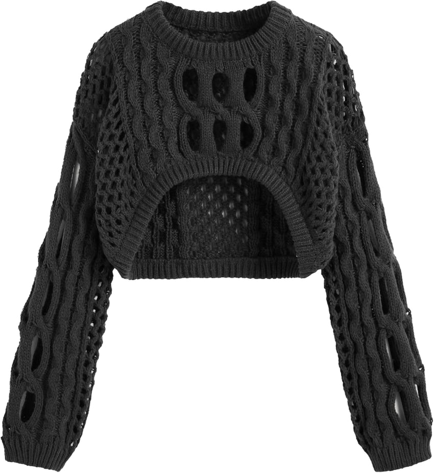 CIDER Cropped Sweaters for Women Knit Round Neckline Hollow Out Long Sleeve Crop Top Sweaters