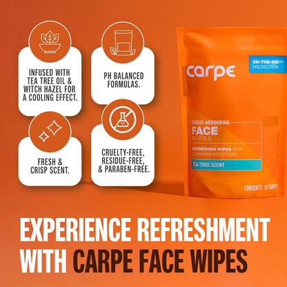 Carpe Sweat Absorbing Face Wipes (15 Facial Wipes). Witch Hazel & Tea Tree Oil Wipes Infused with Eucalyptus. Energizing, Refreshing, and Soothing. Sweat and Oil Control