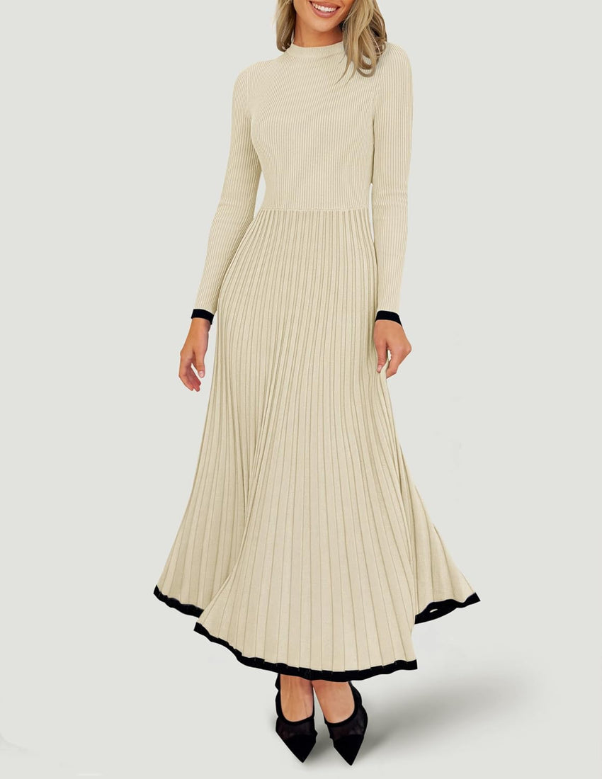 ZESICA Women's Long Sleeve Sweater Dress Fall 2025 Crewneck Ribbed Knit Pleated A-Line Maxi Wedding Guest Dresses