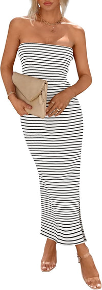 PRETTYGARDEN Women's Summer Bodycon Maxi Tube Dress Ribbed Strapless Side Slit Long Going Out Casual Elegant Party Dresses