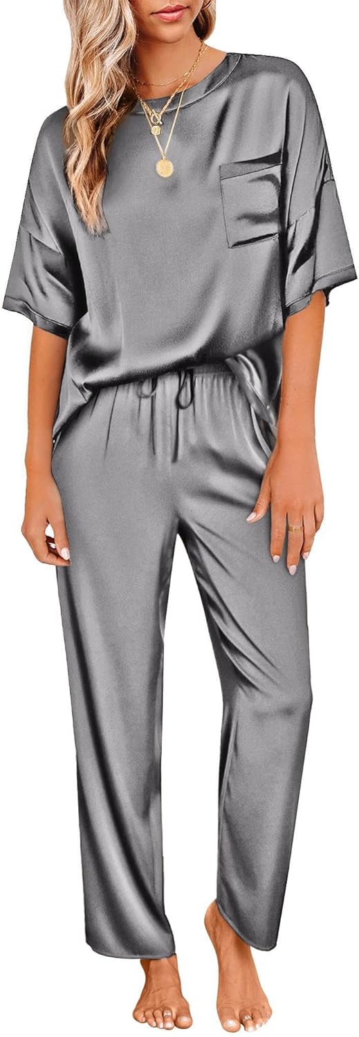 Ekouaer Womens Satin Silky Pajama Set Short Sleeve Shirt with Long Pajama Pant Set Soft PJ Loungewear