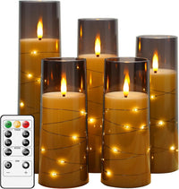 Flameless LED Candles with Timer 5 Pc Flickering Flameless Candles for Romantic Ambiance and Home Decoration Stable Acrylic Shell,with Embedded Star String，Battery Operated Candles（Red）