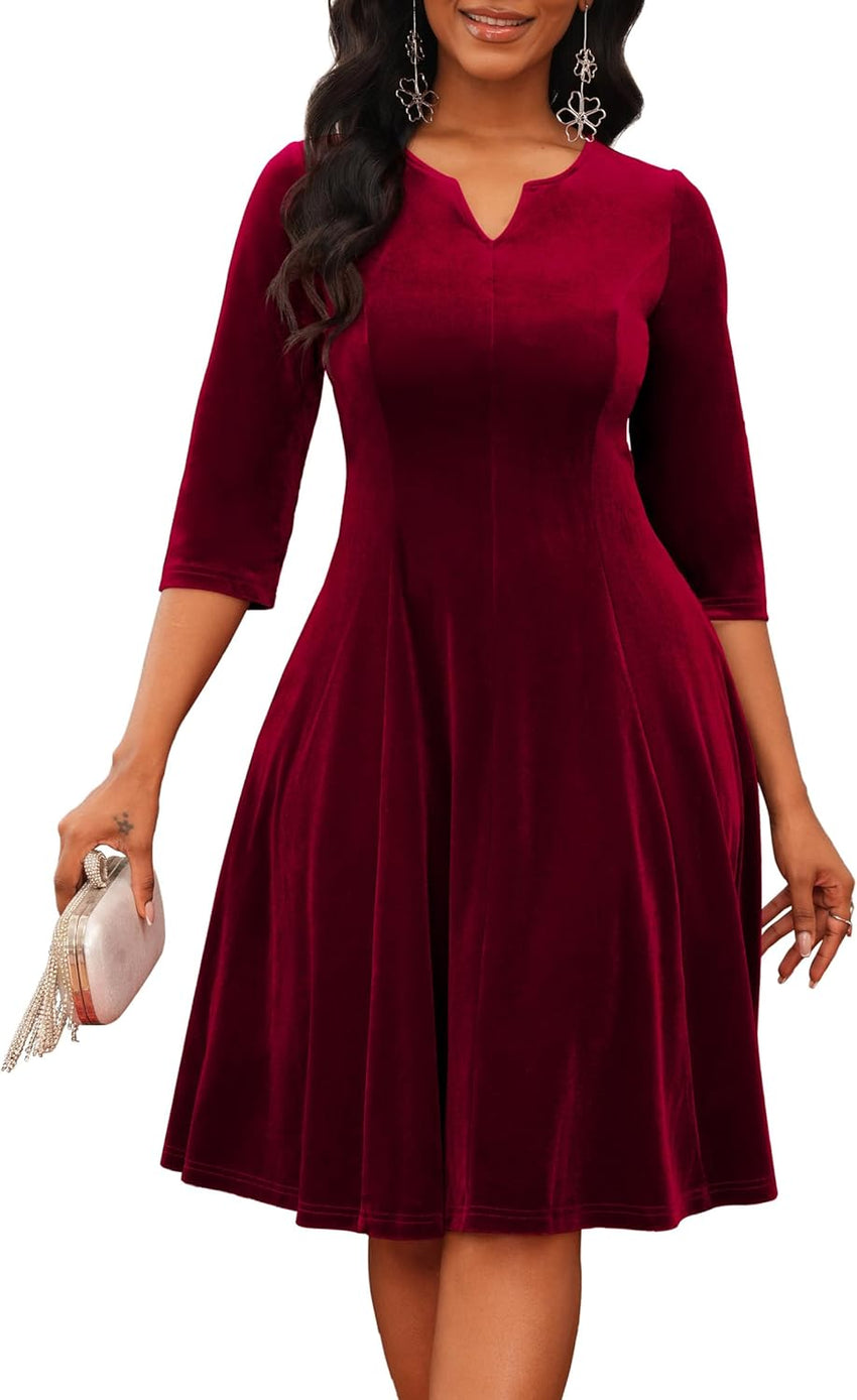 Nmoder Midi Dresses for Women A-Line Fit and Flare Dress 3/4 Sleeve V Neck Cocktail Wedding Guest Work Dress with Pockets